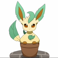 Size: 720x724 | Tagged: source needed, safe, artist:tontaro, eeveelution, fictional species, leafeon, mammal, feral, nintendo, pokémon, 2022, ambiguous gender, behaving like a cat, digital art, ears, fur, if i fits i sits, looking at you, simple background, solo, solo ambiguous, stuck, tail, unamused