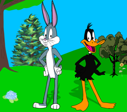 Size: 2463x2163 | Tagged: safe, artist:ledorean, bugs bunny (looney tunes), daffy duck (looney tunes), bird, duck, lagomorph, mammal, rabbit, waterfowl, anthro, plantigrade anthro, looney tunes, warner brothers, duo, duo male, male, males only