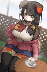 Size: 1332x2048 | Tagged: safe, artist:suurin_2, canine, dog, mammal, anthro, bottomwear, breasts, clothes, female, huge breasts, jacket, kemono, shirt, sitting, skirt, solo, solo female, thick thighs, thighs, topwear