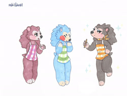 Size: 2210x1667 | Tagged: safe, artist:thistlewishbone, labelle (animal crossing), mabel (animal crossing), sable (animal crossing), hedgehog, mammal, anthro, animal crossing, nintendo, 2021, 2d, apron, clothes, female, females only, paw pads, paws, siblings, simple background, sister, sisters, traditional art, trio, trio female, white background