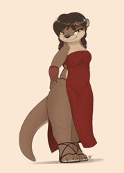 Size: 2500x3500 | Tagged: safe, artist:louart, mammal, mustelid, otter, anthro, 2023, bottomwear, clothes, dress, female, sandals, shoes, side slit, solo, solo female, tail, thick thighs, thighs, wide hips