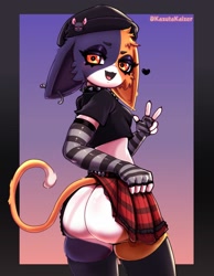 Size: 1669x2150 | Tagged: suggestive, artist:joshopaisen, meow skulls (fortnite), cat, feline, mammal, anthro, fortnite, big butt, bottomwear, butt, clothes, crop top, cropped shirt, female, looking at you, looking back, looking back at you, shirt, skirt, solo, solo female, tail, thick thighs, thighs, topwear, wide hips