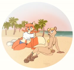 Size: 2048x1950 | Tagged: safe, artist:strawbear_arts, oc, oc:patty (fox-popvli), bear, canine, fox, mammal, anthro, anklet, beach, bikini, bikini bottom, bikini top, brown body, brown fur, clothes, cream body, cream fur, crop top, digital art, duo, ears, female, fur, glasses, glasses on head, hair, heart glasses, looking at you, ocean, outdoors, palm tree, paw pads, paws, pigtails, plant, red body, red fur, red hair, sand, shoes, sunglasses, sunglasses on head, swimsuit, tail, tank top, topwear, tree, underpaw, vixen, water
