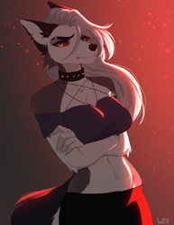 Size: 1687x2184 | Tagged: safe, artist:yumich, loona (vivzmind), canine, fictional species, hellhound, mammal, anthro, hazbin hotel, helluva boss, 2023, arm under breasts, armpits, arms behind head, bedroom eyes, belly button, black nose, bottomwear, breasts, clothes, collar, colored sclera, crossed arms, digital art, ears, eyelashes, female, front view, pose, red sclera, shorts, solo, solo female, spiked collar, tank top, thighs, topwear, wide hips