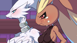 Size: 1920x1080 | Tagged: safe, artist:drunk_oak, fictional species, legendary pokémon, lopunny, mammal, reshiram, anthro, nintendo, pokémon, 2023, black sclera, breasts, clothes, colored sclera, crying, digital art, duo, duo female, ears, eyelashes, female, females only, fur, pink nose, shirt, topwear, wide hips