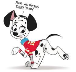 Size: 1735x1657 | Tagged: safe, artist:higglytownhero, dawkins (101 dalmatian street), canine, dalmatian, dog, mammal, feral, 101 dalmatian street, 101 dalmatians, disney, 2023, 2d, american football, clothes, collar, dialogue, english text, male, open mouth, paw pads, paws, shirt, simple background, solo, solo male, talking, text, topwear, white background