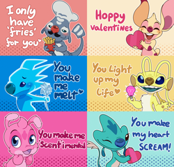 Size: 3750x3600 | Tagged: safe, artist:angoraram, belle (lilo & stitch), frenchfry (lilo & stitch), houdini (lilo & stitch), mr. stenchy (lilo & stitch), slushy (lilo & stitch), sparky (lilo & stitch), alien, experiment (lilo & stitch), fictional species, anthro, disney, lilo & stitch, 2023, 3 fingers, 4 arms, ambiguous gender, antennae, arm marking, big head, bipedal, blue background, blue body, blue eyes, blue marking, blue nose, blushing, body markings, brown eyes, brown nose, brown pawpads, chest fluff, colored tongue, countershading, cyan background, digital art, dipstick antennae, dipstick ears, english text, eyebrows, eyes closed, facial markings, fingers, flower, fluff, food, forehead markings, forked antennae, french fries, fur, gray body, gray markings, group, hand on face, happy, head fluff, head marking, head markings, head tuft, heart, heart eyes, high res, holding, holding flower, holding food, holding heart, holding object, holiday, humor, ice flower, leg marking, light body, light bulb, light countershading, long antennae, looking at you, multicolored antennae, multicolored ears, multiple arms, multiple limbs, one eye closed, open mouth, open smile, outline, paw pads, paws, pink background, pink body, pink countershading, pink fur, plant, pun, purple mouth, purple tongue, raised inner eyebrows, red background, red nose, short tail, signature, simple background, smiling, smiling at viewer, tail, tan background, tan body, tan fur, teal body, teal mouth, teal tongue, text, tongue, valentine's day, white marking, wingding eyes, winking, yellow background, yellow body, yellow fur