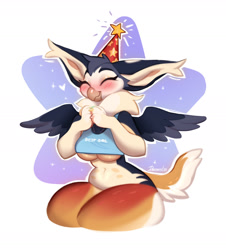 Size: 1280x1417 | Tagged: safe, artist:danomil, bird, feline, fictional species, gryphon, mammal, anthro, beak, big breasts, birthday hat, blushing, breasts, clothes, feathered wings, feathers, female, shirt, solo, solo female, tail, thick thighs, thighs, topwear, underboob, wide hips, wings