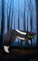 Size: 1392x2243 | Tagged: safe, artist:sillyfoxart, oc:mylixe, canine, fox, mammal, red fox, silver fox, feral, bushes, female, fluff, forest, glowing, glowing eyes, grass, landscape, painting, paw pads, paws, pink nose, plant, solo, solo female, sparkles, tail, tail fluff, tree, white marking