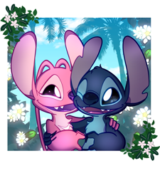 Size: 1800x2000 | Tagged: safe, artist:salty nebula, angel (lilo & stitch), stitch (lilo & stitch), alien, experiment (lilo & stitch), fictional species, anthro, disney, lilo & stitch, 2023, ambiguous gender, antennae, arm around shoulders, bipedal, blue body, blue claws, blue fur, blue nose, body markings, border, chest fluff, claws, colored tongue, digital art, duo, ear markings, ears, finger claws, fingers, flower, fluff, fur, gesture, happy, head fluff, head tuft, heart hands, holiday, long antennae, one eye closed, open mouth, open smile, outdoors, outside border, palm tree, pink body, pink fur, plant, purple claws, purple marking, purple mouth, purple nose, purple tongue, romantic, romantic couple, smiling, tongue, torn ear, tree, valentine's day, white border, white marking