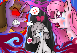 Size: 2535x1745 | Tagged: safe, artist:muhammad yunus, oc, oc only, oc:annisa trihapsari, oc:princess kincade, alicorn, earth pony, equine, fictional species, mammal, pony, feral, friendship is magic, hasbro, my little pony, abuse, angry, broken heart, cross-popping veins, crying, duo, duo female, eyes closed, female, females only, floppy ears, furious, ibis paint, mare, rage, rain, red eyes, sad, tears