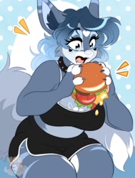Size: 1184x1568 | Tagged: safe, artist:ferwanwan, canine, mammal, wolf, anthro, big breasts, bottomwear, breasts, burger, cheese, clothes, dairy products, eating, female, food, lettuce, meat, shorts, solo, solo female, sports bra, sports shorts, tail, thick thighs, thighs, tomato, topwear, vegetables, wide hips