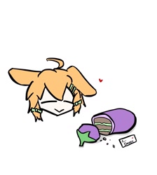 Size: 1406x1568 | Tagged: safe, artist:tunaplus_c, animal humanoid, fictional species, lagomorph, mammal, rabbit, humanoid, arknights, blonde hair, bow, cake, eggplant, everything is cake, eyes closed, female, food, gift art, hair, hair bow, head only, heart, kroos (arknights), meme, simple background, smiling, solo, solo female, white background
