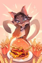 Size: 1347x2000 | Tagged: safe, artist:ulitochka, cat, feline, mammal, anthro, bobcut, burger, cheese, dairy products, female, food, french fries, hair, lettuce, licking, licking lips, loose hair, meat, pickle, short hair, solo, solo female, tail, tongue, tongue out, vegetables