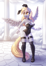 Size: 2480x3508 | Tagged: safe, artist:dandy, derpy hooves (mlp), equine, fictional species, mammal, pegasus, pony, anthro, friendship is magic, hasbro, my little pony, 2023, blonde hair, blonde tail, bow, bow tie, breasts, bunny ears, bunny suit, chest fluff, cleavage, clothes, cloud, cuffs (clothes), ear fluff, eye through hair, eyebrow through hair, eyebrows, feathered wings, feathers, female, fishnet, fluff, glistening, hair, high res, latex, open mouth, pillar, see-through, shoes, signature, skindentation, solo, solo female, spread wings, tail, wings, wrist cuffs, yellow eyes