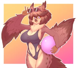 Size: 2000x1772 | Tagged: safe, artist:dobrota2_0, bird, bird of prey, owl, anthro, beak, breasts, clothes, feathers, female, fluff, glasses, huge breasts, neck fluff, one-piece swimsuit, solo, solo female, sunglasses, swimsuit, tail, tail feathers, thick thighs, thighs, wide hips, winged arms