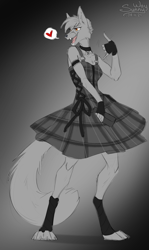 Size: 715x1200 | Tagged: safe, artist:sunny way, oc, oc only, canine, fox, mammal, anthro, digitigrade anthro, artwork, bottomwear, clothes, collar, costume, cute, digital art, dress, fangs, female, fluff, gloves, happy, love, open mouth, outfit, patreon reward, paws, sharp teeth, smiling, solo, solo female, teeth, vixen