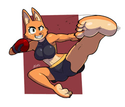 Size: 967x826 | Tagged: safe, artist:netto-painter, diane foxington (the bad guys), canine, fox, mammal, anthro, dreamworks animation, the bad guys, barefoot, big breasts, big butt, boxing, boxing gloves, breasts, butt, claws, clothes, feet, flying kick, gloves, grin, kickboxing, martial arts, soles, solo, thick thighs, thighs, toe claws, toes