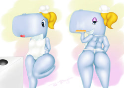 Size: 1062x752 | Tagged: suggestive, artist:sirredbenjamin, pearl krabs (spongebob), cetacean, mammal, sperm whale, whale, anthro, nickelodeon, spongebob squarepants (series), apron, bread, butt, cameltoe, chef's hat, clothes, female, food, hat, headwear, looking at you, looking back, looking back at you, solo, solo female