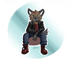 Size: 1510x1290 | Tagged: safe, artist:cinzia_relief, haida (aggretsuko), hyena, mammal, anthro, aggretsuko, sanrio, 2023, abstract background, black nose, boots, bottomwear, brown body, brown fur, clothes, fluff, front view, fur, gray tail, green eyes, head fluff, jacket, leather jacket, looking at you, male, pants, shirt, shoes, signature, sitting, solo, solo male, tail, topwear