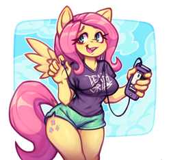 Size: 1400x1313 | Tagged: safe, artist:goobone, fluttershy (mlp), equine, fictional species, mammal, pegasus, pony, anthro, cc by-nc-nd, creative commons, friendship is magic, hasbro, my little pony, 2023, anthrofied, bottomwear, breasts, cell phone, clothes, curvy, cutie mark, earbuds, eyelashes, female, hair, headphones, headwear, holding, holding object, holding phone, long tail, looking at you, open mouth, open smile, phone, pink hair, pink tail, shirt, short shorts, shorts, sky, smartphone, smiling, solo, solo female, t-shirt, tail, text, text on clothing, text on shirt, three-quarter view, topwear, wings, yellow body