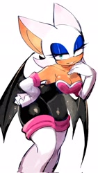 Size: 1157x2048 | Tagged: safe, artist:usa37107692, rouge the bat (sonic), bat, mammal, anthro, sega, sonic the hedgehog (series), 2023, bat wings, big ears, big wings, boots, breasts, cleavage, clothes, cyan eyes, ears, evening gloves, eyelashes, eyeshadow, female, gloves, hand on hip, lidded eyes, long gloves, looking at you, makeup, shoes, simple background, smiling, smiling at you, solo, solo female, thick thighs, thighs, webbed wings, white background, white gloves, wings