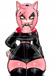 Size: 1462x2048 | Tagged: suggestive, artist:usa37107692, amy rose (sonic), hedgehog, mammal, anthro, sega, sonic the hedgehog (series), 2023, big breasts, black nose, bottomwear, breasts, clothes, collar, ear piercing, female, front view, goth, hair, hairband, hand on hip, huge thighs, leather, legwear, lidded eyes, open mouth, pear-shaped, piercing, pink body, red eyes, short shorts, shorts, simple background, solo, solo female, spiked collar, thigh highs, topwear, white background, zettai ryouiki