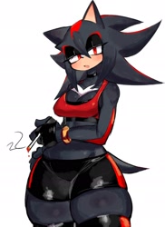 Size: 1636x2245 | Tagged: suggestive, artist:usa37107692, shadow the hedgehog (sonic), hedgehog, mammal, anthro, sega, sonic the hedgehog (series), 2023, black body, black gloves, black nose, bottomwear, breasts, choker, cigarette, cleavage, clothes, female, fingerless gloves, gloves, holding, holding object, huge thighs, legwear, lidded eyes, looking at you, multicolored body, open mouth, pear-shaped, red body, red eyes, rule 63, short shorts, short tail, shorts, simple background, smoking, solo, solo female, tail, tank top, thigh highs, topwear, white background, zettai ryouiki