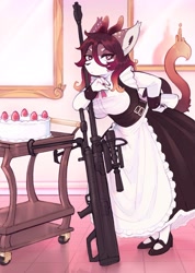 Size: 1460x2048 | Tagged: safe, artist:pawberri, cervid, deer, mammal, anthro, anti-tank rifle, brown body, brown eyes, brown fur, brown hair, cake, clothes, digital art, ears, female, food, fur, gun, hair, horns, indoors, looking at you, maid, maid outfit, ntw-20, rifle, shoes, solo, solo female, tail, weapon