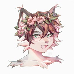 Size: 2000x2000 | Tagged: safe, artist:bitterk4t_exe, oc, oc only, oc:birch (smelliott), feline, lynx, mammal, brown hair, digital art, ears, flower, flower in hair, fur, gray body, gray fur, green eyes, hair, hair accessory, headshot, looking at you, nonbinary, open mouth, plant, simple background, solo, white background
