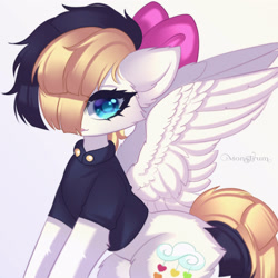 Size: 3000x3000 | Tagged: safe, artist:monstrum, songbird serenade (mlp), equine, fictional species, mammal, pegasus, pony, feral, friendship is magic, hasbro, my little pony, my little pony: the movie, 2023, blue eyes, bow, clothes, cute, feathered wings, feathers, female, hair, hair bow, high res, looking at you, mane, mare, spread wings, tail, wings
