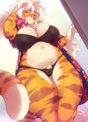 Size: 807x1117 | Tagged: suggestive, artist:buxbiarts, oc, oc:buxbi, big cat, feline, mammal, tiger, anthro, 2022, belly, belly button, bra, breasts, cameltoe, clothes, curvy, dipstick tail, female, fluff, fur, gloves (arm marking), hair, huge breasts, pale belly, panties, pink nose, pubic fluff, sexy, skindentation, slightly chubby, solo, solo female, striped fur, tail, thick, thick thighs, thighs, thong, tigress, underwear, white hair, wide hips