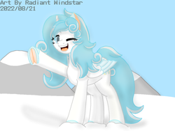 Size: 1024x768 | Tagged: safe, artist:radiant windstar, oc, oc only, oc:edelweiss, alicorn, equine, fictional species, mammal, pony, feral, friendship is magic, hasbro, my little pony, 2022, feathered wings, feathers, folded wings, horn, looking at you, one eye closed, snow, solo, waving at you, wings, winking