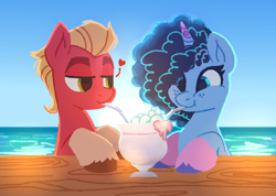 Size: 958x682 | Tagged: artist needed, safe, misty (mlp g5), sprout cloverleaf (mlp), earth pony, equine, fictional species, mammal, pony, unicorn, feral, friendship is magic, hasbro, my little pony, my little pony g5, spoiler:my little pony g5, 2023, beach, bubble, drink, drinking, drinking straw, duo, duo male and female, female, heart, horn, looking at someone, male, male/female, mare, maretime bay (mlp), mistyclover (mlp), shipping, sitting, smiling, stallion, sun, table