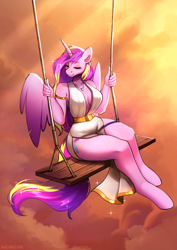Size: 3508x4961 | Tagged: safe, artist:sugarstar, princess cadence (mlp), alicorn, equine, fictional species, mammal, pony, anthro, unguligrade anthro, friendship is magic, hasbro, my little pony, 2023, absolute cleavage, absurd resolution, anthrofied, bottomwear, breasts, cleavage, clothes, dress, eyes closed, feathered wings, feathers, female, hair, hooves, horn, mare, multicolored hair, multicolored mane, multicolored tail, pink body, pink wings, sitting, sky, smiling, solo, solo female, sparkles, swing, tail, wings