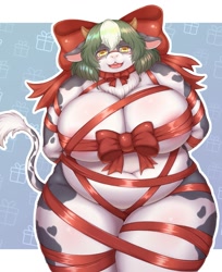 Size: 1631x2000 | Tagged: suggestive, artist:shibaemonxsk, bovid, cattle, cow, mammal, anthro, areola, big belly, border, breasts, fat, fluff, gift wrapped, horns, huge breasts, neck fluff, thick thighs, thighs, white border, wide hips
