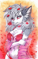 Size: 572x890 | Tagged: safe, artist:imanika, loona (vivzmind), canine, fictional species, hellhound, mammal, anthro, hazbin hotel, helluva boss, 2023, belly button, bra, breasts, cheek fluff, chest fluff, choker, clothes, colored sclera, ear fluff, female, flower, flower petals, fluff, fur, gray body, gray fur, hair, heart choker, holding, looking at you, mouth hold, panties, plant, red sclera, shoulder fluff, solo, solo female, traditional art, underwear, white body, white fur, white hair
