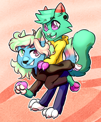 Size: 756x911 | Tagged: safe, artist:lake reu, canine, cat, dog, feline, mammal, anthro, 3 toes, blue body, blue fur, bottomwear, claws, clothes, couple, digital art, ears, fur, green body, green eyes, green fur, hair, heterochromia, hoodie, love, multicolored tail, nose piercing, outline, pants, paws, piercing, pink eyes, purple eyes, tail, toe claws, toes, topwear, ych