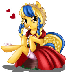 Size: 577x597 | Tagged: safe, artist:themisdolorous, oc, oc only, oc:ukraine, earth pony, equine, fictional species, mammal, pony, hasbro, my little pony, bloomers, bottomwear, clothes, cute, dress, female, heart, incorrect leg anatomy, mare, nation ponies, ocbetes, ponified, puffy sleeves, solo, solo female, summer, ukraine