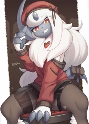 Size: 2947x4096 | Tagged: safe, artist:zinfyu, absol, fictional species, mammal, anthro, nintendo, pokémon, 2023, beanie, bedroom eyes, border, bottomwear, claws, clothes, detailed background, digital art, ears, eyelashes, female, fur, hair, hoodie, horn, looking at you, pose, sitting, skirt, smiling, smiling at you, solo, solo female, tail, thighs, topwear, white border