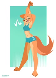 Size: 600x840 | Tagged: safe, artist:hydrabbb, diane foxington (the bad guys), canine, fox, mammal, anthro, dreamworks animation, the bad guys, 2023, arms above head, bottomwear, clothes, female, shorts, solo, solo female, sports bra, sports shorts, tail, topwear