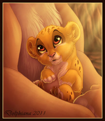 Size: 550x635 | Tagged: safe, artist:dolphiana, sarabi (the lion king), simba (the lion king), big cat, feline, lion, mammal, feral, disney, the lion king, 2d, baby, brown eyes, brown paw pads, cheek fluff, chest fluff, colored sclera, cub, duo, ear fluff, female, fluff, fur, head fluff, leg fluff, letterboxing, lioness, male, mother, mother and child, mother and son, paw pads, son, tan body, tan fur, wholesome, yellow sclera, young, younger