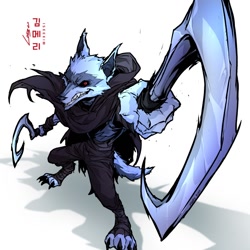 Size: 1080x1080 | Tagged: safe, artist:iseekim_, death (puss in boots), canine, mammal, wolf, anthro, dreamworks animation, puss in boots (movie), shrek, grin, holding, holding object, holding weapon, male, sickle, smiling, solo, solo male, weapon