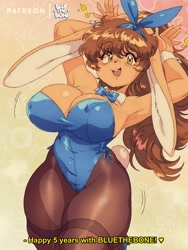 Size: 1080x1440 | Tagged: suggestive, artist:bluethebone, oc, oc only, lagomorph, mammal, rabbit, anthro, 2023, 90s, anime style, arms above head, breasts, bunny suit, clothes, female, huge breasts, legwear, leotard, nipple outline, solo, solo female, stockings, thick thighs, thighs, wide hips