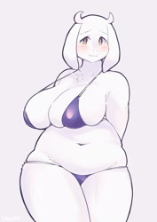Size: 1448x2048 | Tagged: suggestive, artist:ukenya, toriel (undertale), bovid, goat, mammal, anthro, undertale, 2023, absolute cleavage, almost nude, arms behind back, belly, belly button, big breasts, bikini, blushing, breasts, cleavage, clothes, female, horns, mature, mature female, midriff, skimpy, slightly chubby, smiling, solo, solo female, swimsuit, white body