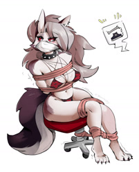 Size: 1723x2138 | Tagged: suggestive, artist:zinnick, loona (vivzmind), oc, oc only, canine, fictional species, hellhound, mammal, anthro, digitigrade anthro, hazbin hotel, helluva boss, 2023, bikini, chair, clothes, collar, colored sclera, detailed background, digital art, ears, eyelashes, female, fur, gagged, hair, red sclera, sitting, solo, solo female, spiked collar, swimsuit, tail, tied up, wide hips