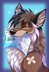 Size: 871x1280 | Tagged: safe, artist:aerofistashka, canine, mammal, wolf, feral, blue background, blue eyes, brown body, brown fur, brown hair, covid, covid-19, digital art, ear piercing, ears, fur, hair, male, one eye closed, piercing, plaster, russian text, simple background, solo, solo male, text, translation request, vaccinated, vaccine