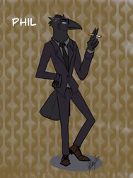 Size: 2700x3600 | Tagged: safe, artist:darkhaus, oc, bird, corvid, crow, demon, fictional species, raven, songbird, anthro, 2022, abstract background, adoptable, beak, bottomwear, cigarette, clothes, digital art, footwear, glasses, male, necktie, pants, purple eyes, shoes, signature, solo, solo male, suit, tail, text, topwear