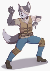 Size: 868x1228 | Tagged: safe, artist:kironzen, wolf o'donnell (star fox), canine, mammal, wolf, anthro, nintendo, star fox, 2023, clothes, digital art, ears, fur, male, one eye closed, shoes, solo, solo male, tail, thighs
