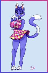 Size: 1563x2357 | Tagged: safe, artist:sokerikaneli, rosie (animal crossing), cat, feline, mammal, anthro, digitigrade anthro, animal crossing, nintendo, 2023, arm under breasts, bedroom eyes, big breasts, bottomwear, breasts, clothes, commission, digital art, dress, ears, eyelashes, female, fur, hair, open mouth, simple background, solo, solo female, tail, thighs, tongue, wide hips